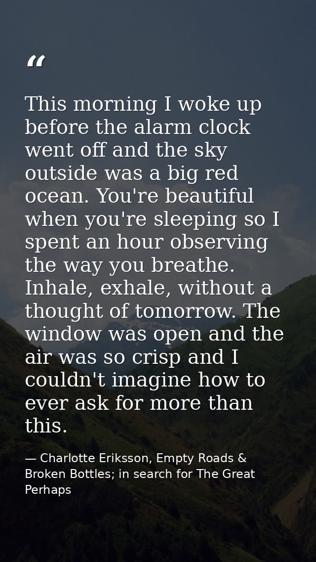 This morning I woke up before the alarm clock went off and the sky outside was a big red ocean. You're beautiful when yo — Charlotte Eriksson, Empty Roads & Broken Bottles; in search for The Great Perhaps