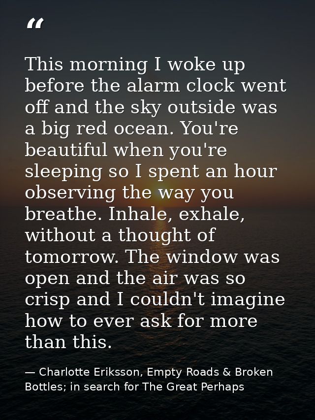 This morning I woke up before the alarm clock went off and the sky outside was a big red ocean. You're beautiful when yo — Charlotte Eriksson, Empty Roads & Broken Bottles; in search for The Great Perhaps