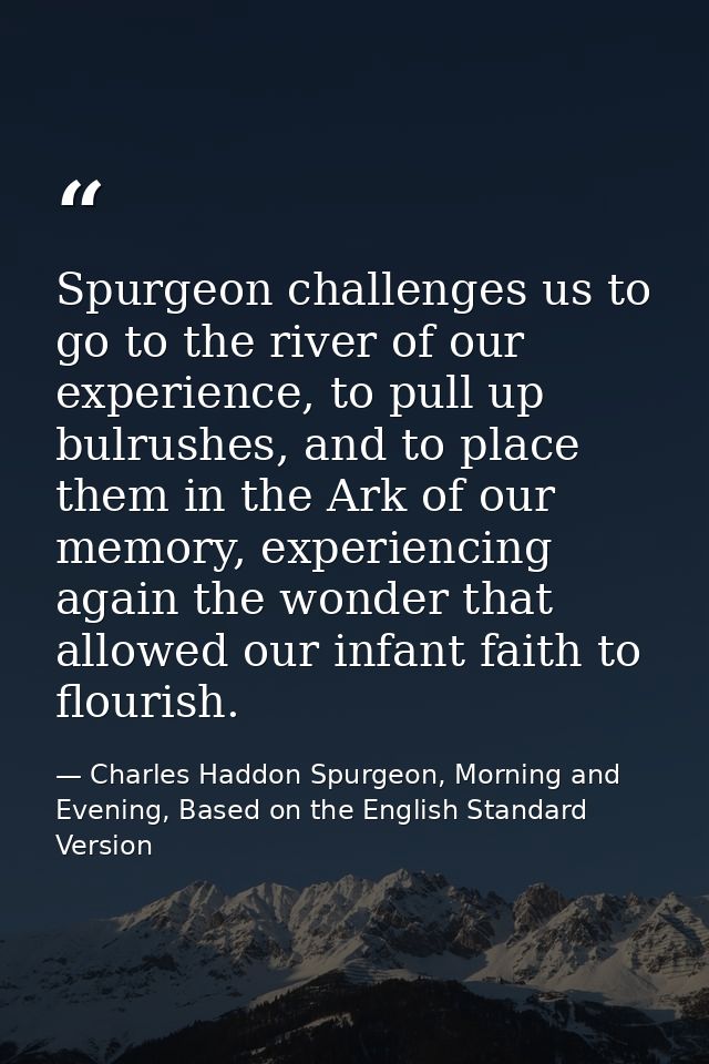 Spurgeon challenges us to go to the river of our experience, to pull up bulrushes, and to place them in the Ark of our m — Charles Haddon Spurgeon, Morning and Evening, Based on the English Standard Version