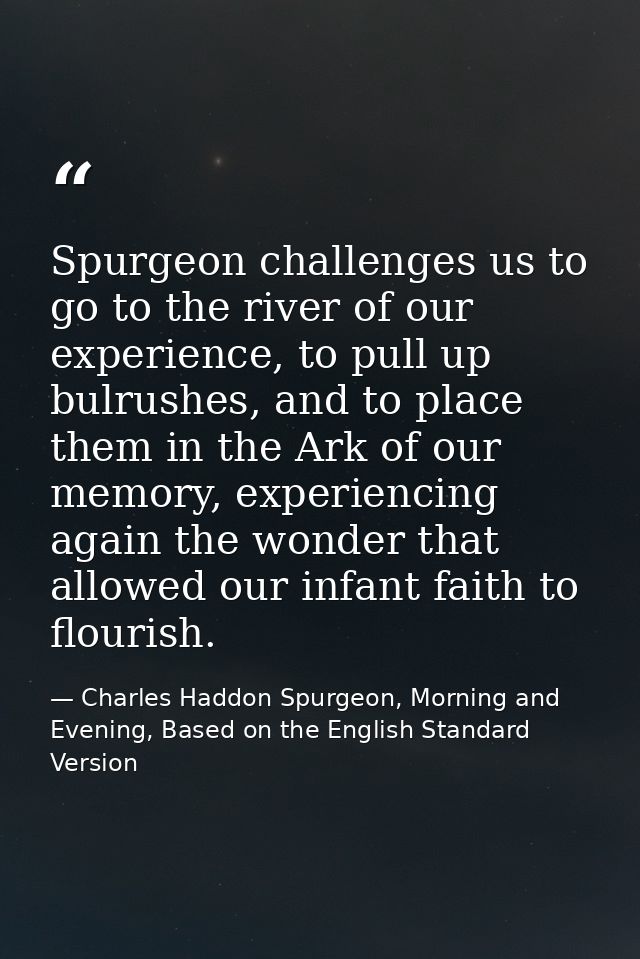 Spurgeon challenges us to go to the river of our experience, to pull up bulrushes, and to place them in the Ark of our m — Charles Haddon Spurgeon, Morning and Evening, Based on the English Standard Version