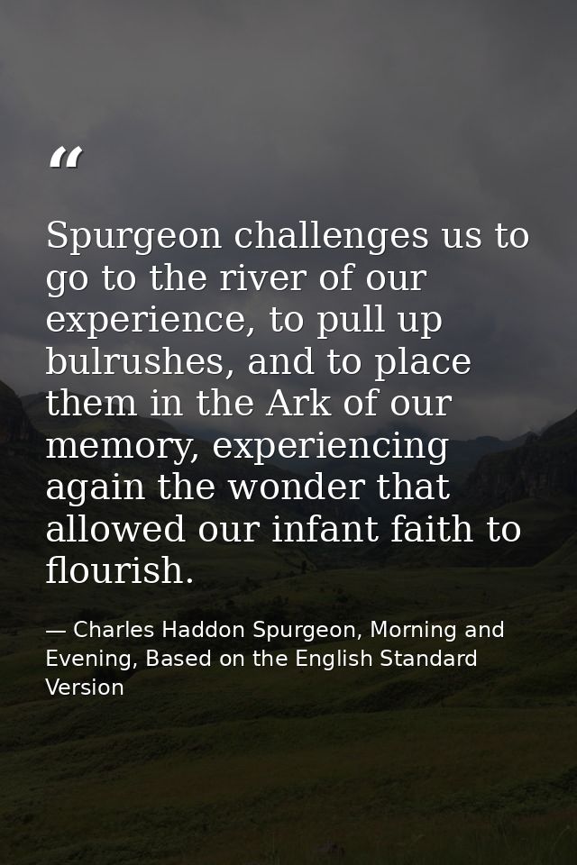 Spurgeon challenges us to go to the river of our experience, to pull up bulrushes, and to place them in the Ark of our m — Charles Haddon Spurgeon, Morning and Evening, Based on the English Standard Version