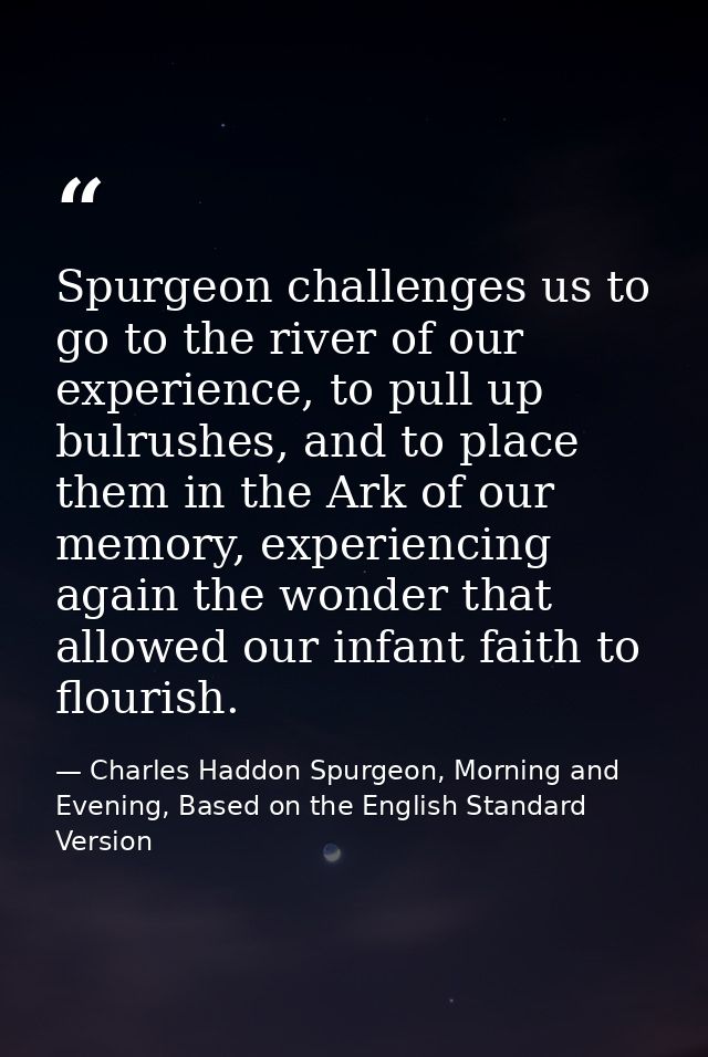 Spurgeon challenges us to go to the river of our experience, to pull up bulrushes, and to place them in the Ark of our m — Charles Haddon Spurgeon, Morning and Evening, Based on the English Standard Version