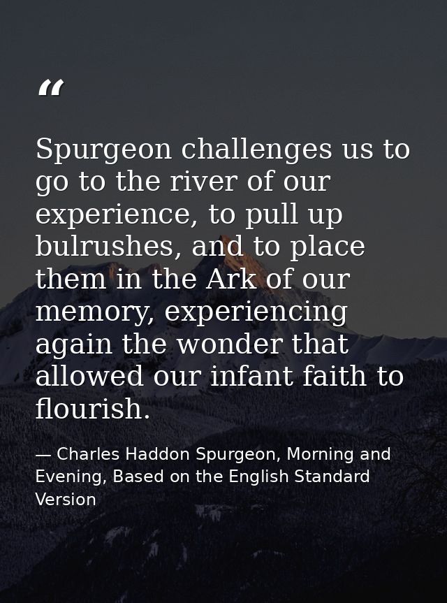 Spurgeon challenges us to go to the river of our experience, to pull up bulrushes, and to place them in the Ark of our m — Charles Haddon Spurgeon, Morning and Evening, Based on the English Standard Version