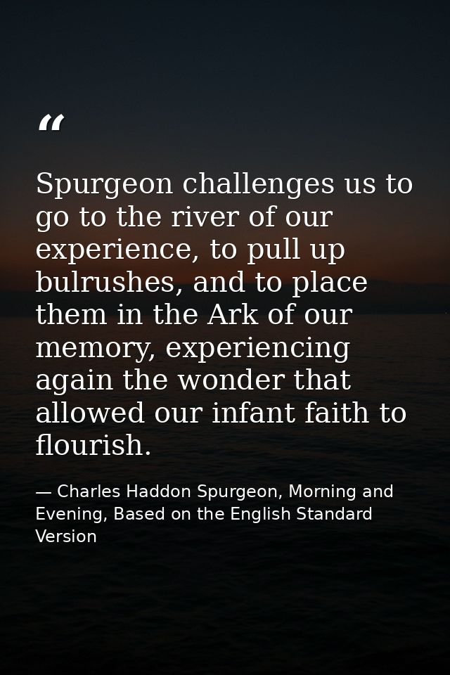 Spurgeon challenges us to go to the river of our experience, to pull up bulrushes, and to place them in the Ark of our m — Charles Haddon Spurgeon, Morning and Evening, Based on the English Standard Version