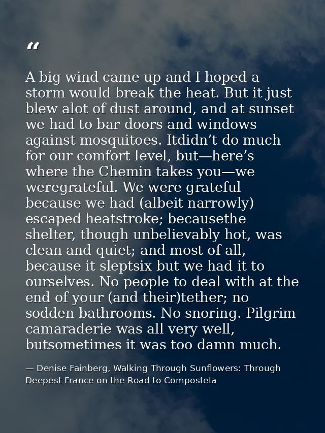 A big wind came up and I hoped a storm would break the heat. But it just blew alot of dust around, and at sunset we had  — Denise Fainberg, Walking Through Sunflowers: Through Deepest France on the Road to Compostela