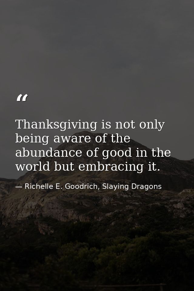 Thanksgiving is not only being aware of the abundance of good in the world but embracing it. — Richelle E. Goodrich, Slaying Dragons