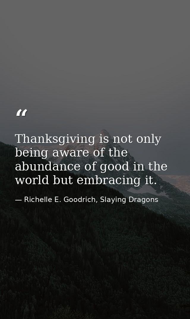 Thanksgiving is not only being aware of the abundance of good in the world but embracing it. — Richelle E. Goodrich, Slaying Dragons