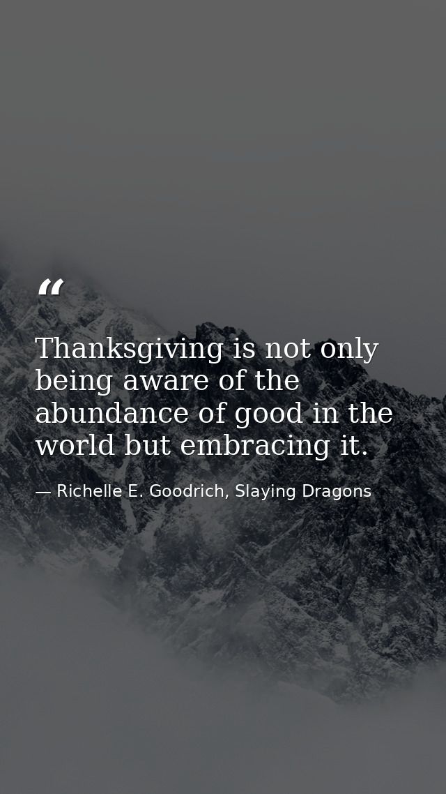 Thanksgiving is not only being aware of the abundance of good in the world but embracing it. — Richelle E. Goodrich, Slaying Dragons