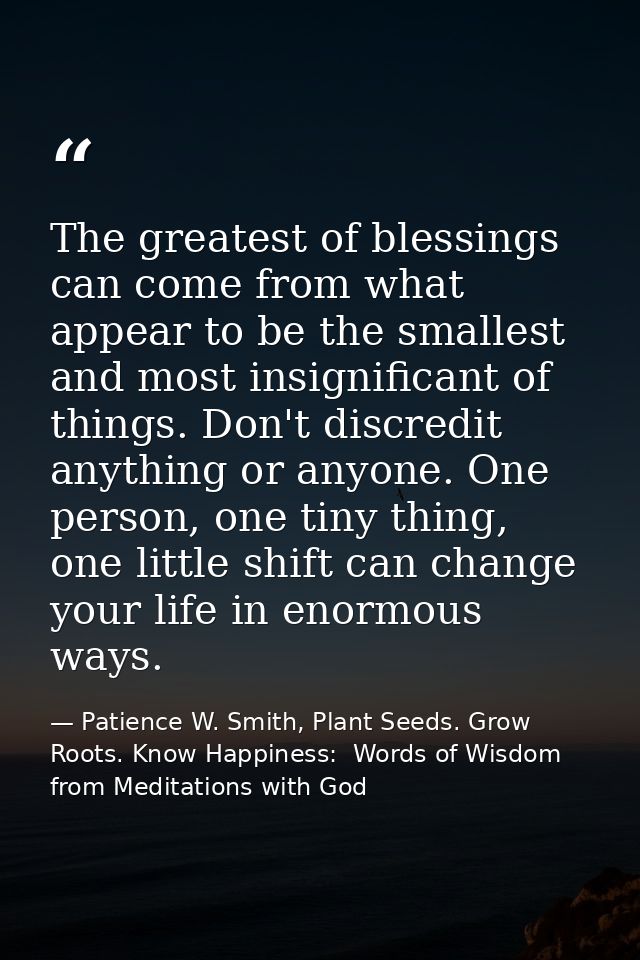 The greatest of blessings can come from what appear to be the smallest and most insignificant of things. Don't discredit — Patience W. Smith, Plant Seeds. Grow Roots. Know Happiness:  Words of Wisdom from Meditations with God