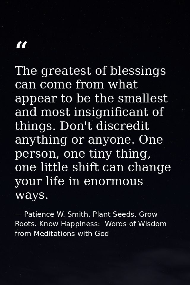 The greatest of blessings can come from what appear to be the smallest and most insignificant of things. Don't discredit — Patience W. Smith, Plant Seeds. Grow Roots. Know Happiness:  Words of Wisdom from Meditations with God