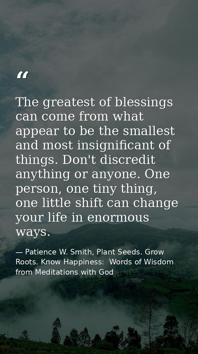 The greatest of blessings can come from what appear to be the smallest and most insignificant of things. Don't discredit — Patience W. Smith, Plant Seeds. Grow Roots. Know Happiness:  Words of Wisdom from Meditations with God