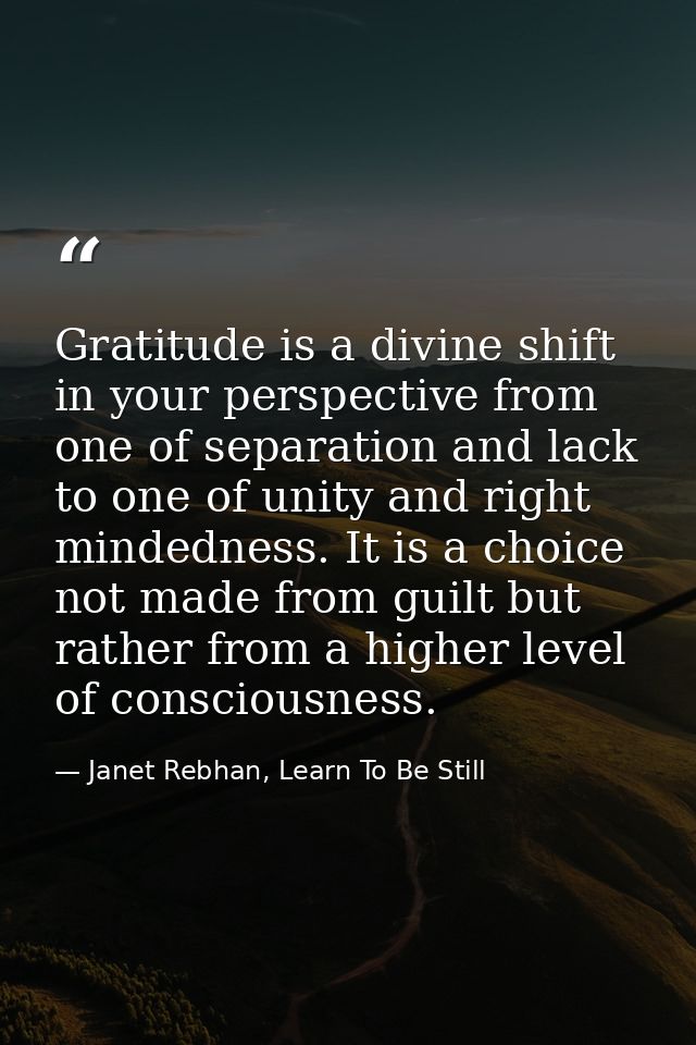 Gratitude is a divine shift in your perspective from one of separation and lack to one of unity and right mindedness. It — Janet Rebhan, Learn To Be Still