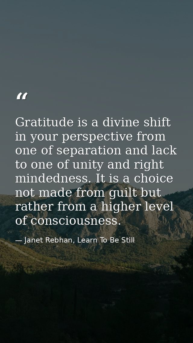Gratitude is a divine shift in your perspective from one of separation and lack to one of unity and right mindedness. It — Janet Rebhan, Learn To Be Still