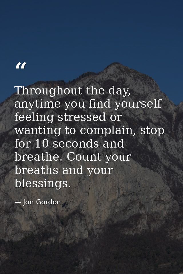 Throughout the day, anytime you find yourself feeling stressed or wanting to complain, stop for 10 seconds and breathe.  — Jon Gordon