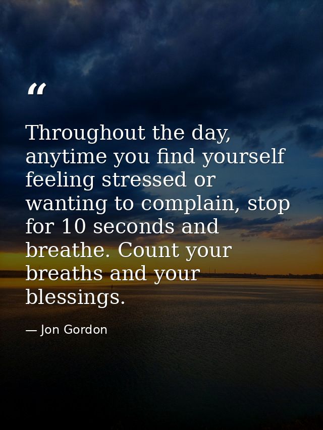 Throughout the day, anytime you find yourself feeling stressed or wanting to complain, stop for 10 seconds and breathe.  — Jon Gordon