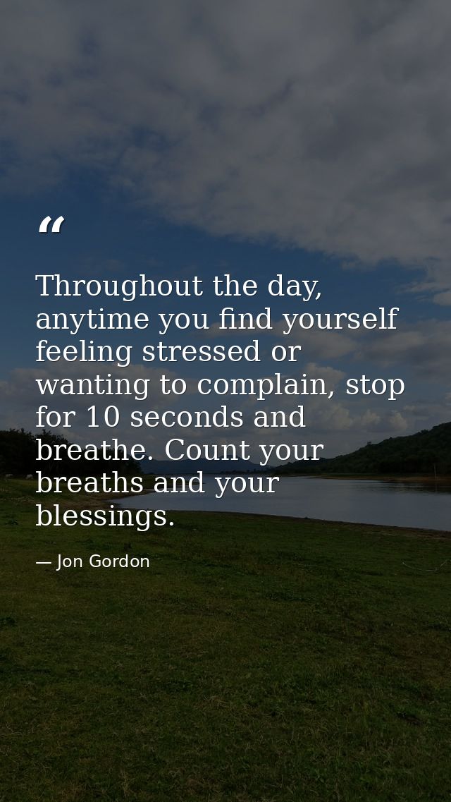 Throughout the day, anytime you find yourself feeling stressed or wanting to complain, stop for 10 seconds and breathe.  — Jon Gordon