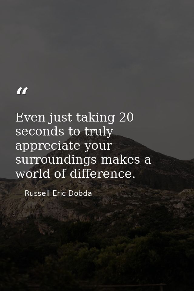 Even just taking 20 seconds to truly appreciate your surroundings makes a world of difference. — Russell Eric Dobda