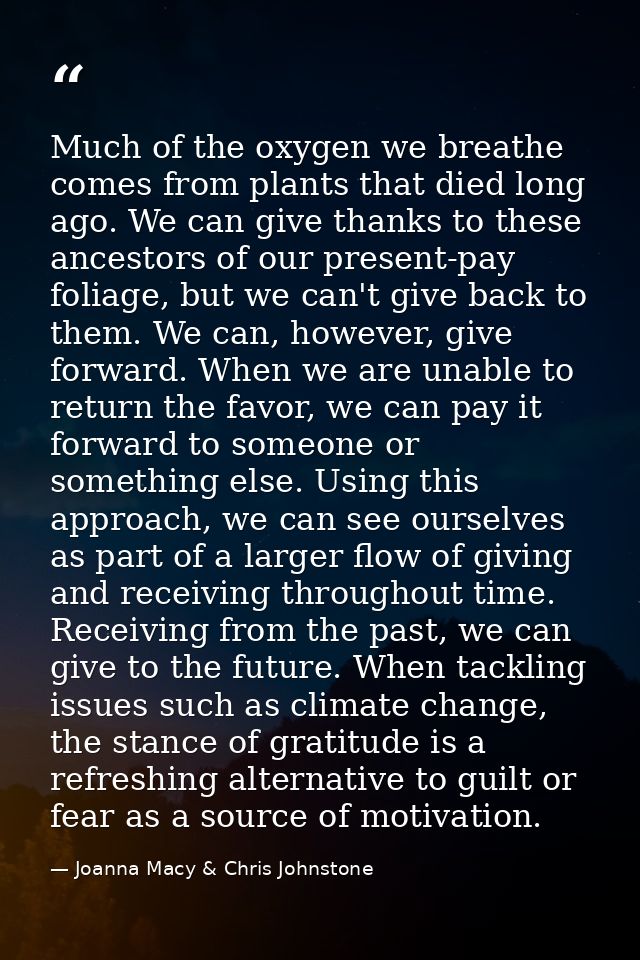 Much of the oxygen we breathe comes from plants that died long ago. We can give thanks to these ancestors of our present — Joanna Macy & Chris Johnstone