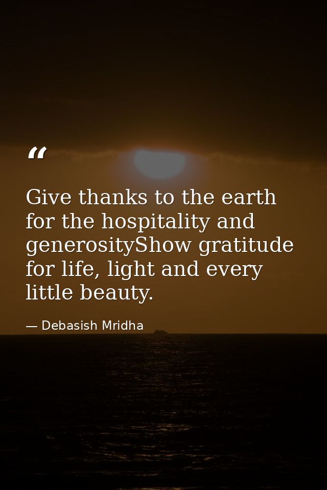Give thanks to the earth for the hospitality and generosityShow gratitude for life, light and every little beauty. — Debasish Mridha