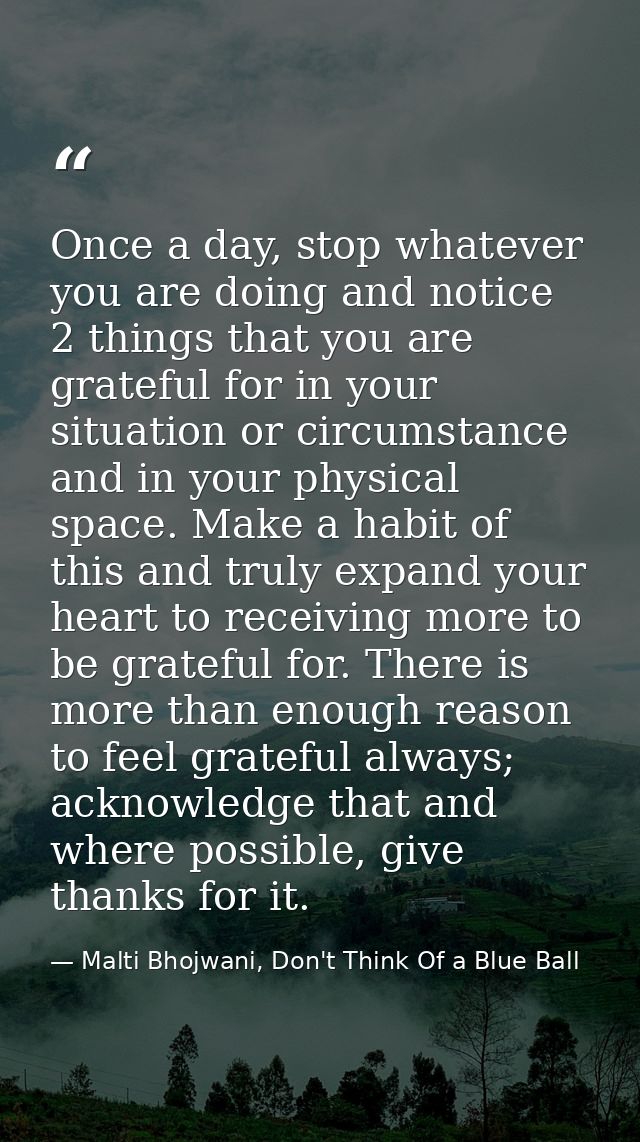 Once a day, stop whatever you are doing and notice 2 things that you are grateful for in your situation or circumstance  — Malti Bhojwani, Don't Think Of a Blue Ball