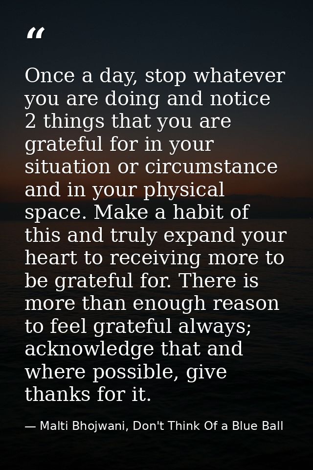Once a day, stop whatever you are doing and notice 2 things that you are grateful for in your situation or circumstance  — Malti Bhojwani, Don't Think Of a Blue Ball
