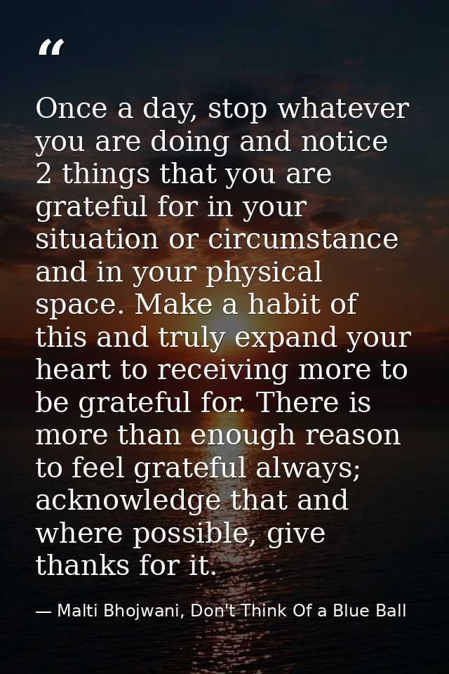 Once a day, stop whatever you are doing and notice 2 things that you are grateful for in your situation or circumstance  — Malti Bhojwani, Don't Think Of a Blue Ball