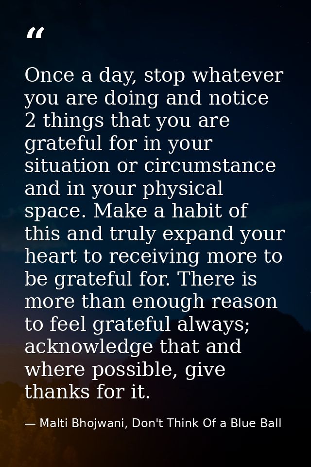 Once a day, stop whatever you are doing and notice 2 things that you are grateful for in your situation or circumstance  — Malti Bhojwani, Don't Think Of a Blue Ball