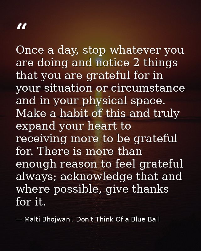 Once a day, stop whatever you are doing and notice 2 things that you are grateful for in your situation or circumstance  — Malti Bhojwani, Don't Think Of a Blue Ball