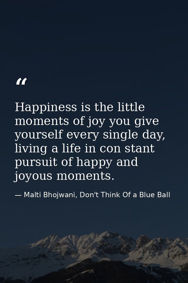 Happiness is the little moments of joy you give yourself every single day, living a life in con stant pursuit of happy a — Malti Bhojwani, Don't Think Of a Blue Ball