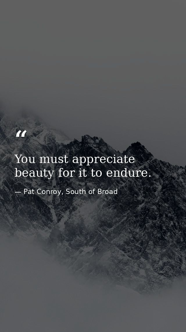You must appreciate beauty for it to endure. — Pat Conroy, South of Broad
