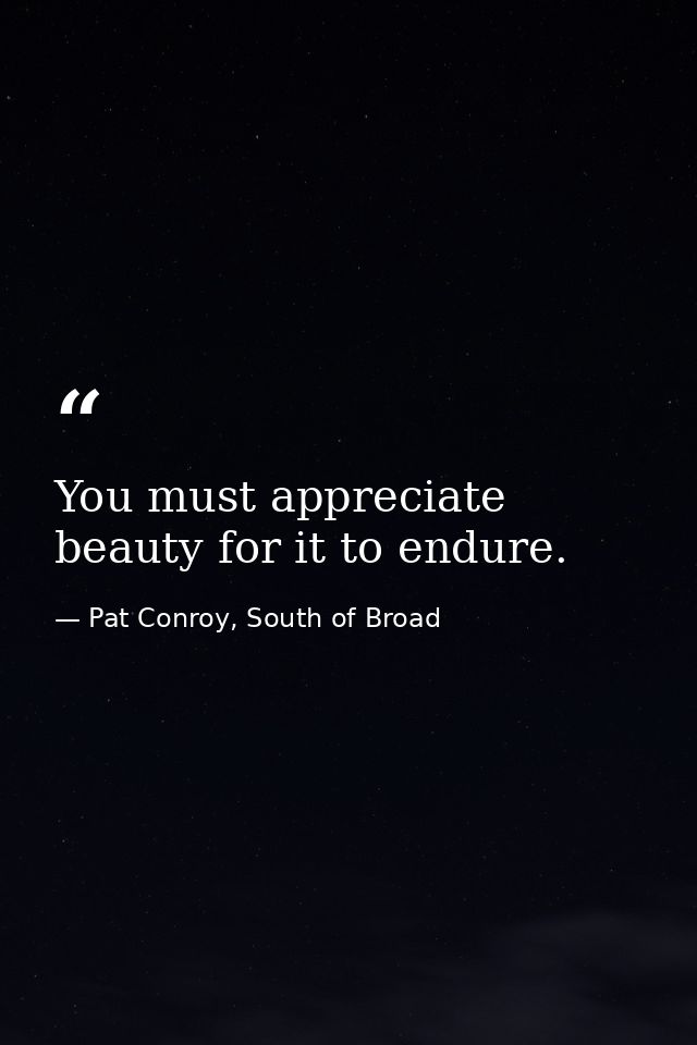 You must appreciate beauty for it to endure. — Pat Conroy, South of Broad