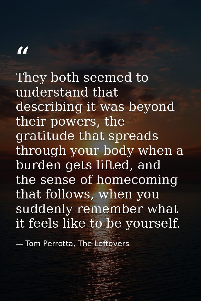 They both seemed to understand that describing it was beyond their powers, the gratitude that spreads through your body  — Tom Perrotta, The Leftovers