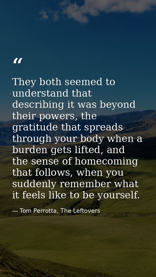 They both seemed to understand that describing it was beyond their powers, the gratitude that spreads through your body  — Tom Perrotta, The Leftovers