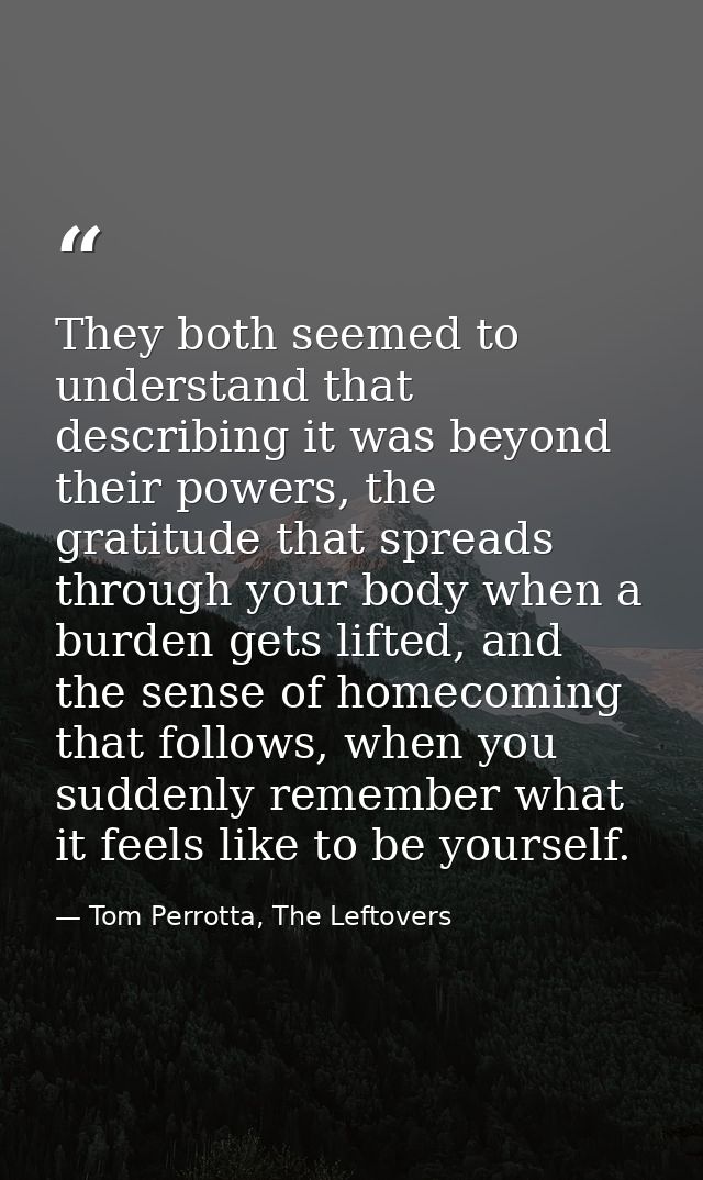 They both seemed to understand that describing it was beyond their powers, the gratitude that spreads through your body  — Tom Perrotta, The Leftovers