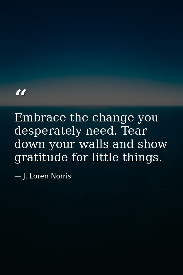 Embrace the change you desperately need. Tear down your walls and show gratitude for little things. — J. Loren Norris