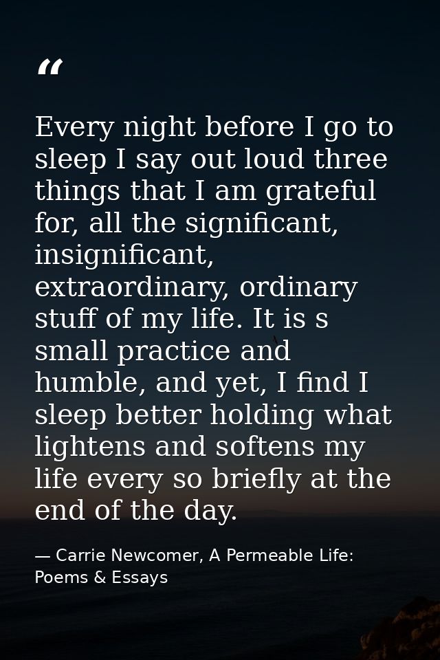 Every night before I go to sleep I say out loud three things that I am grateful for, all the significant, insignificant, — Carrie Newcomer, A Permeable Life: Poems & Essays