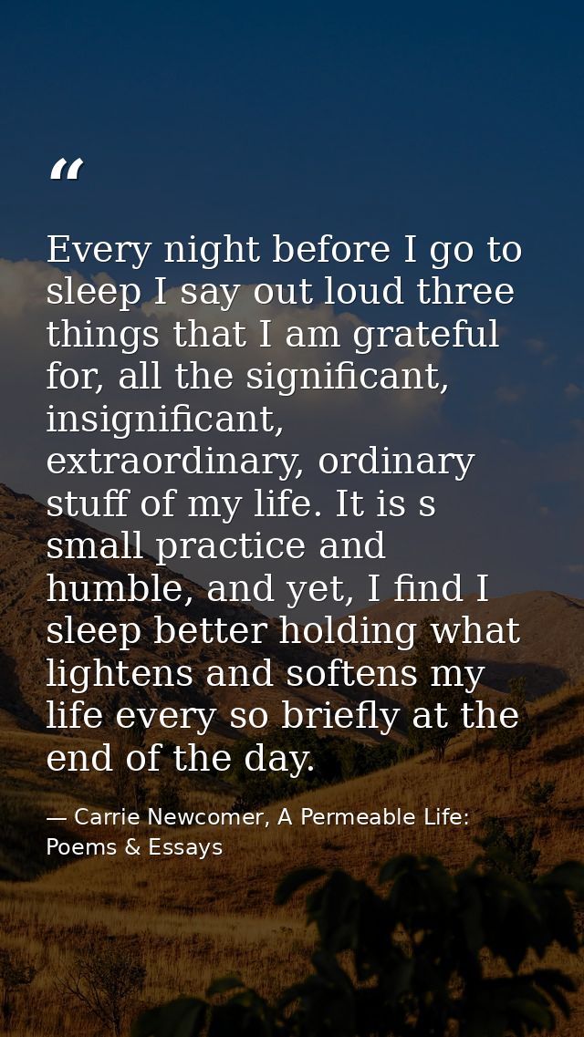 Every night before I go to sleep I say out loud three things that I am grateful for, all the significant, insignificant, — Carrie Newcomer, A Permeable Life: Poems & Essays