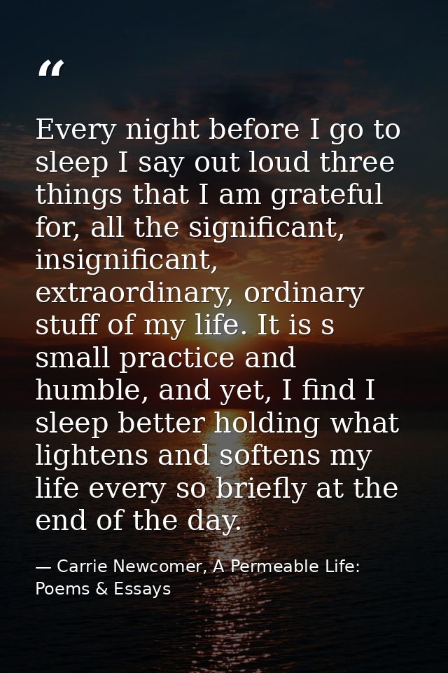 Every night before I go to sleep I say out loud three things that I am grateful for, all the significant, insignificant, — Carrie Newcomer, A Permeable Life: Poems & Essays