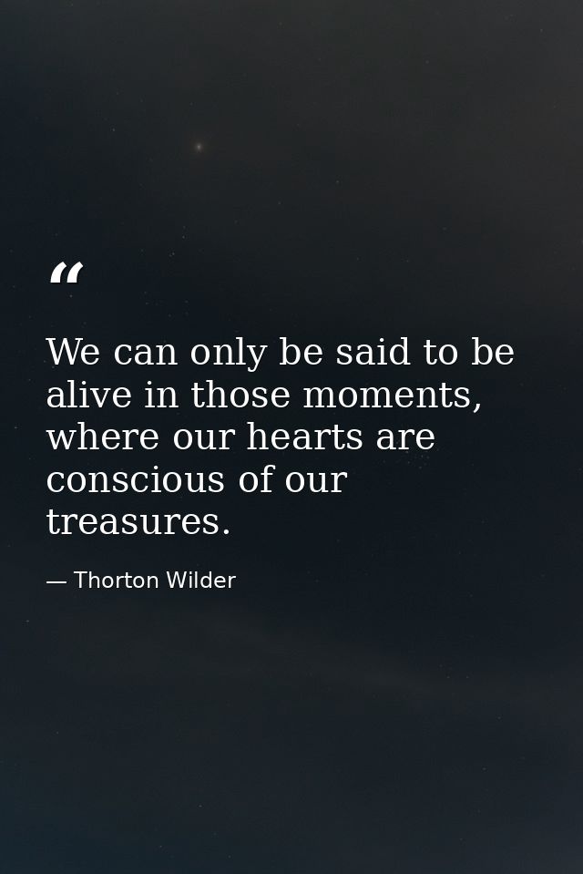 We can only be said to be alive in those moments, where our hearts are conscious of our treasures. — Thorton Wilder