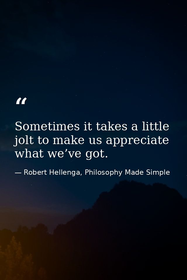 Sometimes it takes a little jolt to make us appreciate what we’ve got. — Robert Hellenga, Philosophy Made Simple
