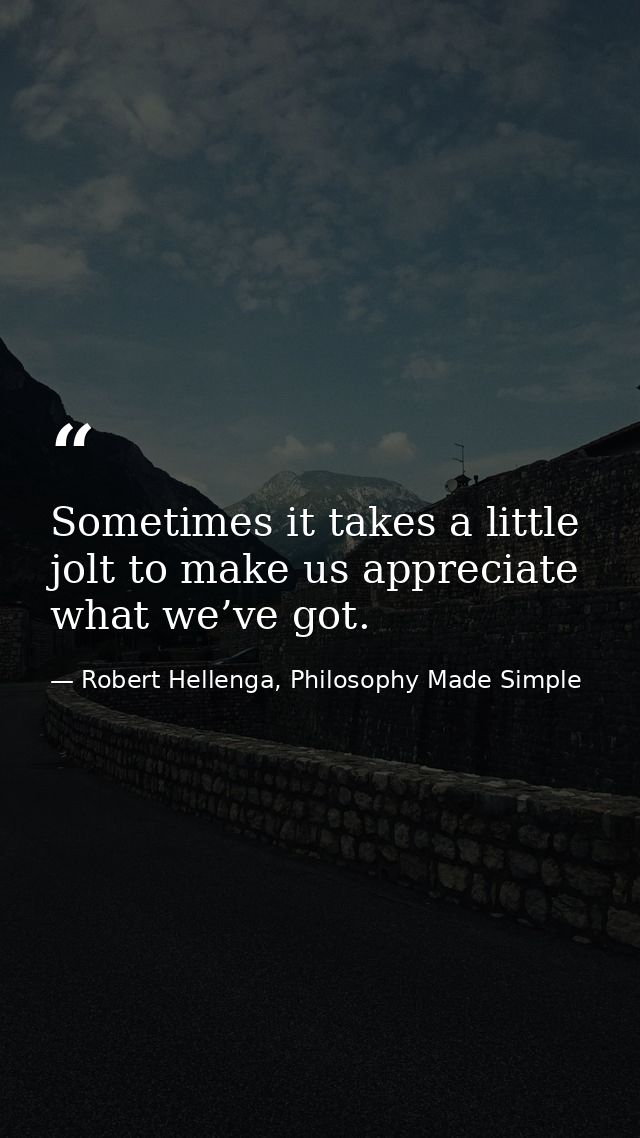 Sometimes it takes a little jolt to make us appreciate what we’ve got. — Robert Hellenga, Philosophy Made Simple
