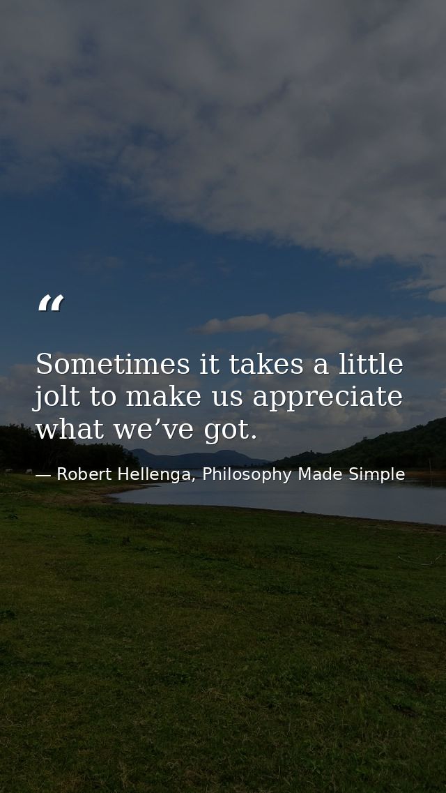 Sometimes it takes a little jolt to make us appreciate what we’ve got. — Robert Hellenga, Philosophy Made Simple