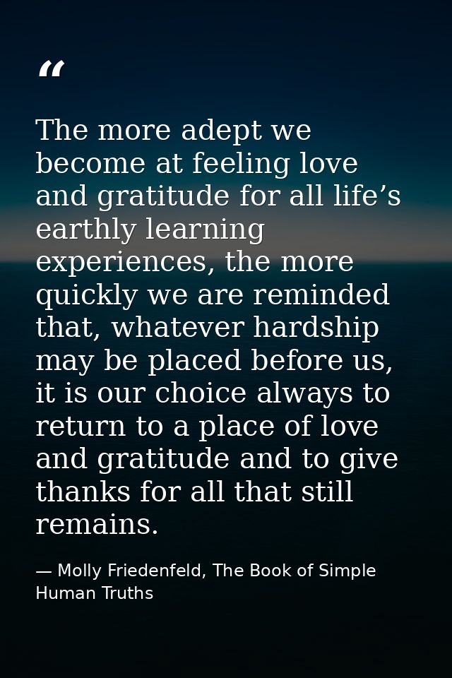 The more adept we become at feeling love and gratitude for all life’s earthly learning experiences, the more quickly we  — Molly Friedenfeld, The Book of Simple Human Truths