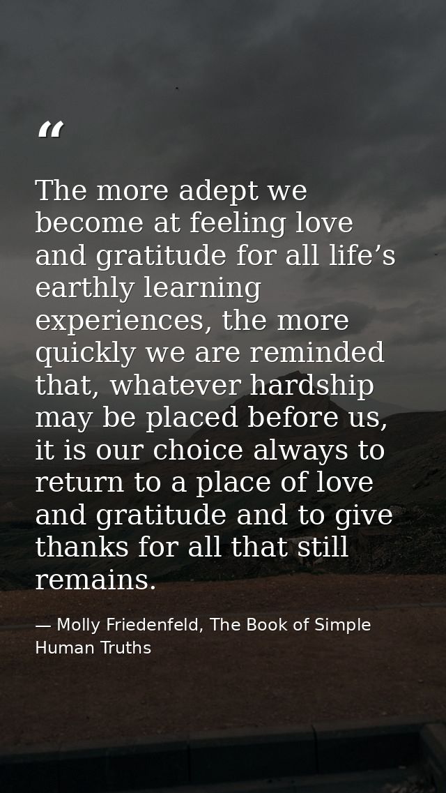 The more adept we become at feeling love and gratitude for all life’s earthly learning experiences, the more quickly we  — Molly Friedenfeld, The Book of Simple Human Truths