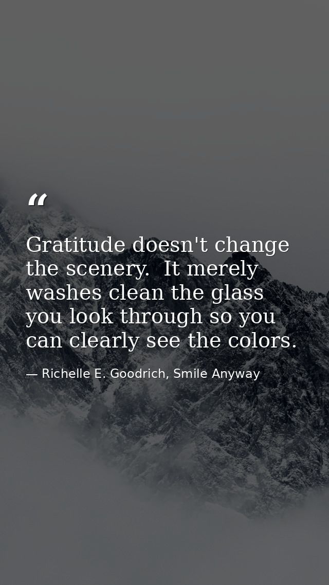 Gratitude doesn't change the scenery.  It merely washes clean the glass you look through so you can clearly see the colo — Richelle E. Goodrich, Smile Anyway