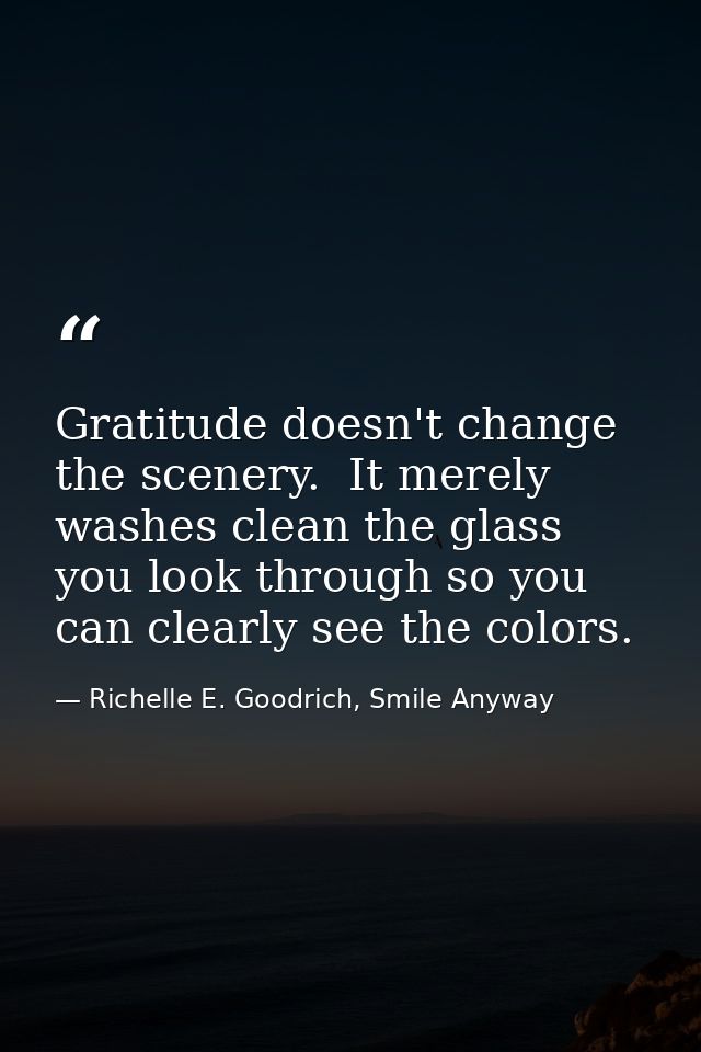 Gratitude doesn't change the scenery.  It merely washes clean the glass you look through so you can clearly see the colo — Richelle E. Goodrich, Smile Anyway