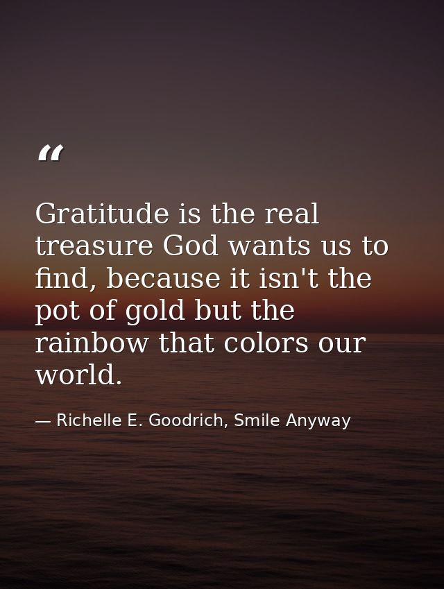 Gratitude is the real treasure God wants us to find, because it isn't the pot of gold but the rainbow that colors our wo — Richelle E. Goodrich, Smile Anyway