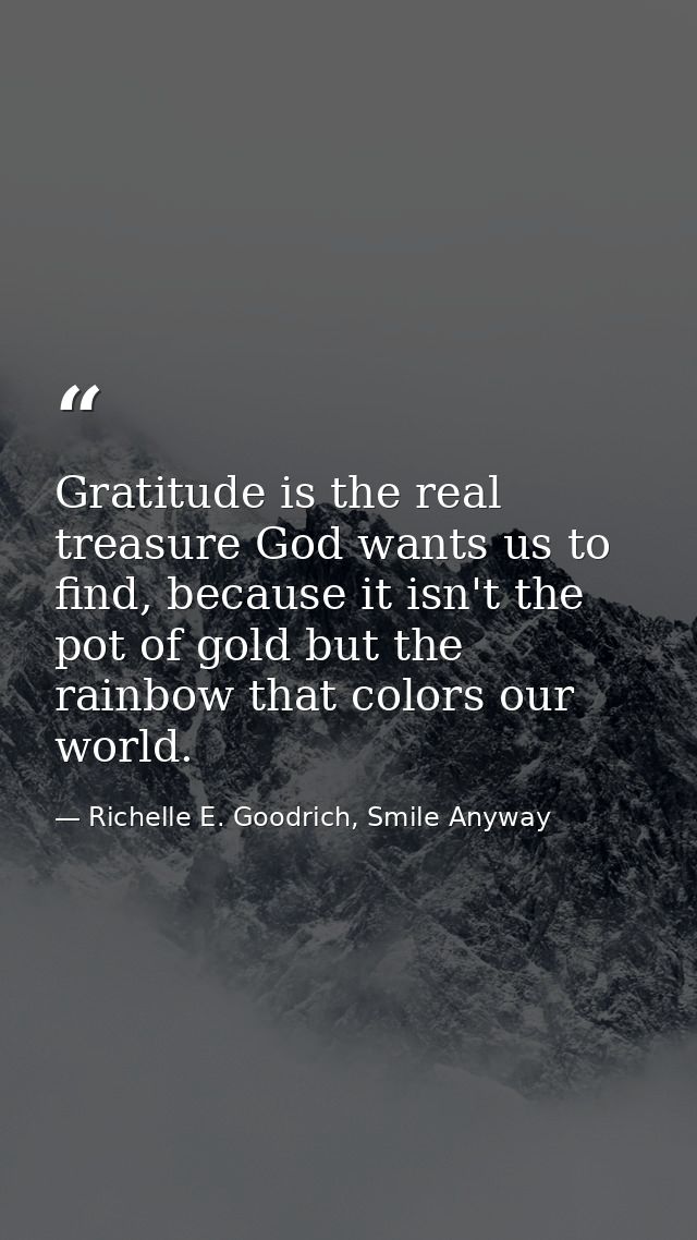 Gratitude is the real treasure God wants us to find, because it isn't the pot of gold but the rainbow that colors our wo — Richelle E. Goodrich, Smile Anyway