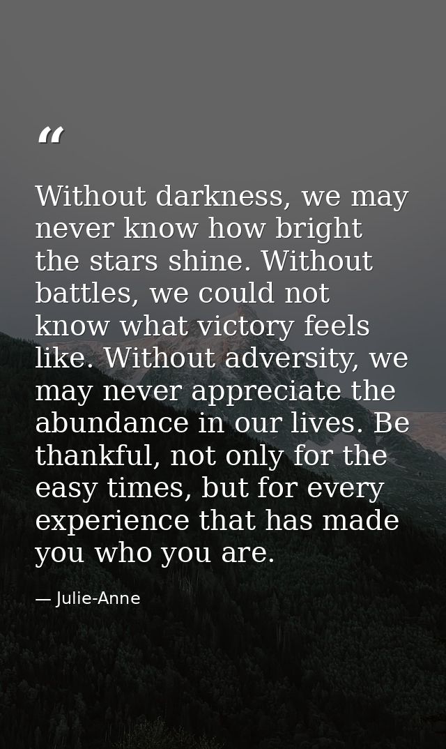 Without darkness, we may never know how bright the stars shine. Without battles, we could not know what victory feels li — Julie-Anne