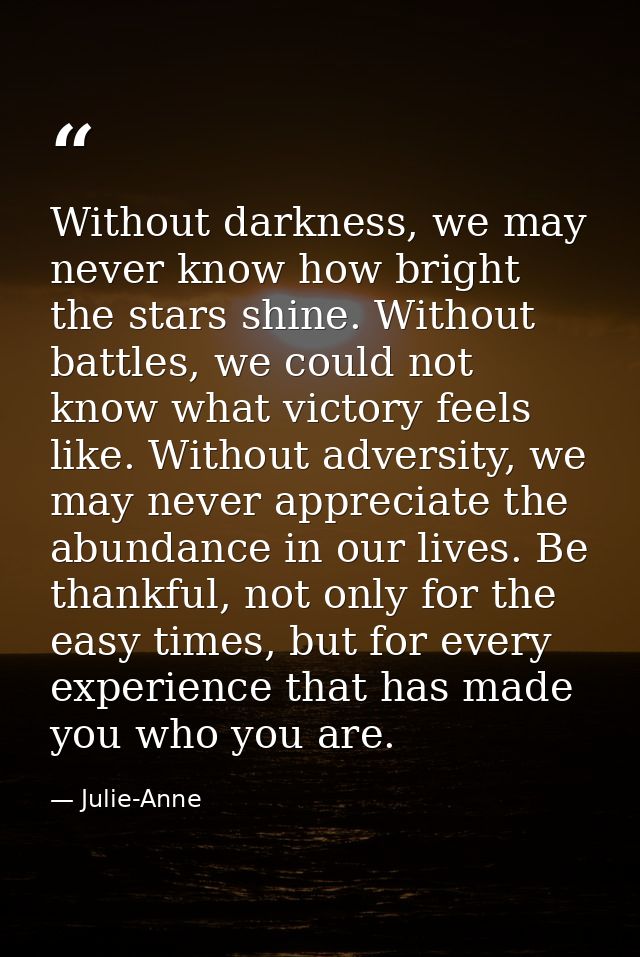 Without darkness, we may never know how bright the stars shine. Without battles, we could not know what victory feels li — Julie-Anne